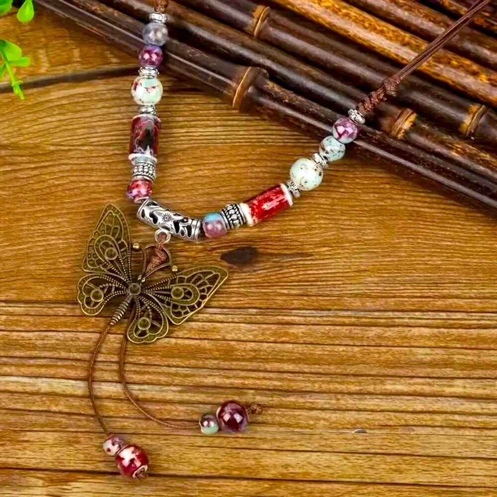 Ethnic Style Butterfly Long Necklace Vintage Sweater Chain Charm Boho Necklace J